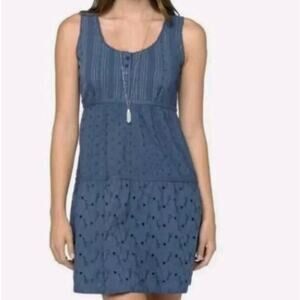 PrAna Blue Kendall Sleeveless Eyelet Tiered Shift Cotton Dress L